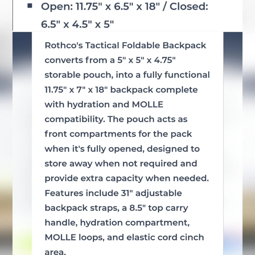 Rothco tactical backpack collapsible EUC
